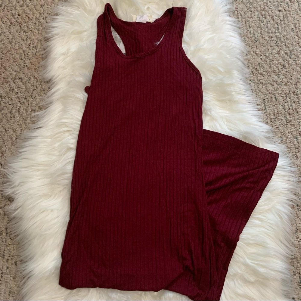 Wine Ribbed Knit Racerback Midi Dress